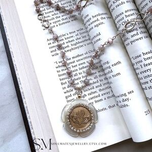 Elegant Claddagh Necklace with Peach Moonstone and Vintage Charms. Irish necklac